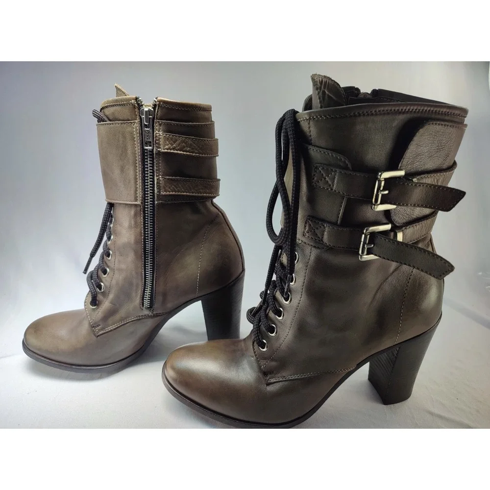 San Crispino ITALY Brown Leather Lace Up Buckle Combat Heel Boot Womens IT40 US9